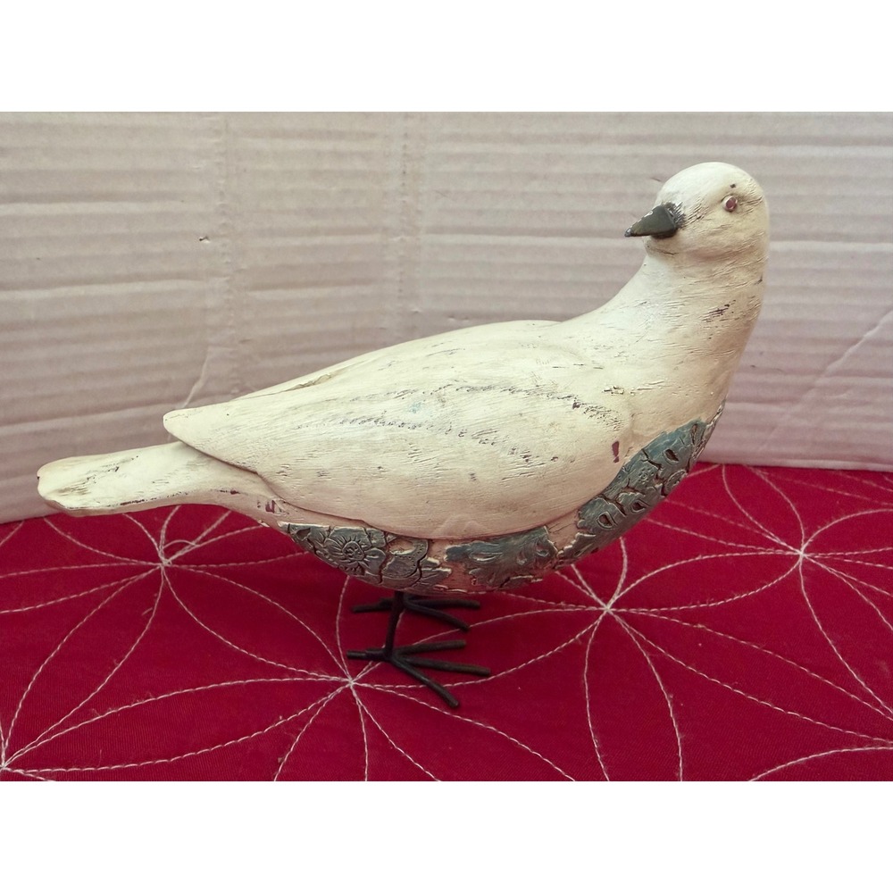 Vintage Style Cream Bird Figurine Floral Relief Distressed Farmhouse Decor 7"